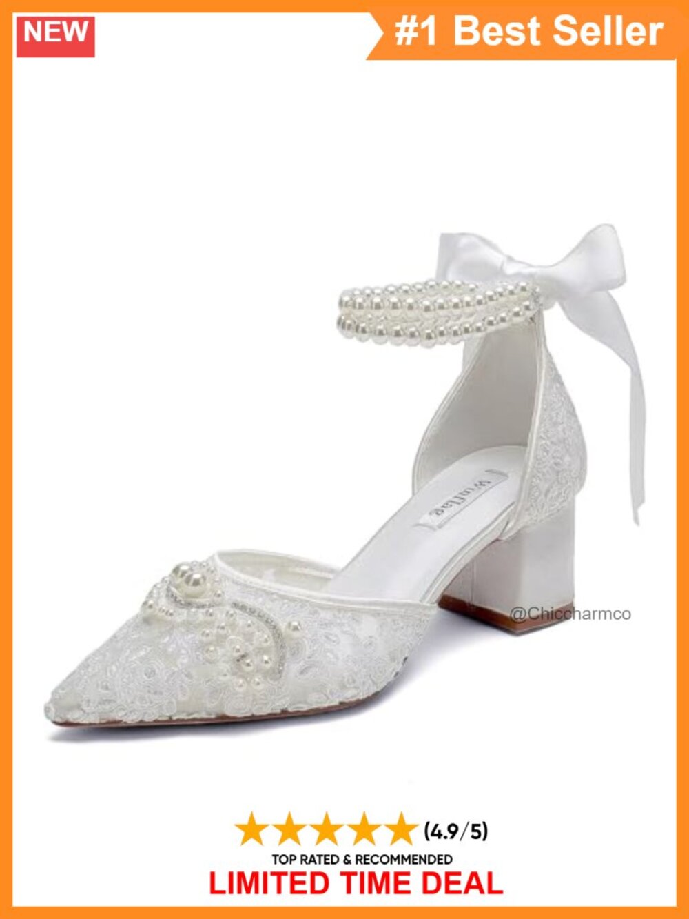 Lace Pearl Wedding Shoes Block Heel Bridal Closed Toe Heels